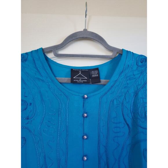 Vintage 90s Aqua Blue Embellished Relaxed Flowy Button Up Blouse Tunic, Medium - Picture 3 of 11